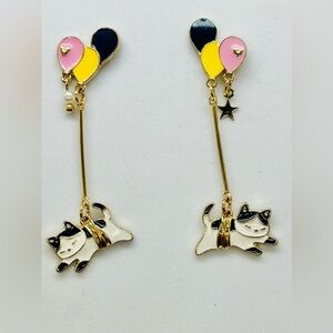 Enamel Gold Tone Cat Balloon Dangle Earrings Pierced Post